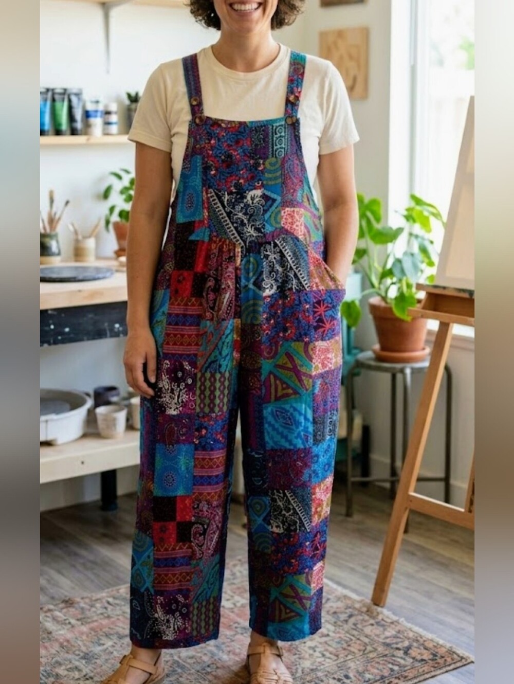Vibrant Patchwork Wide-Leg Overalls - Multicolor